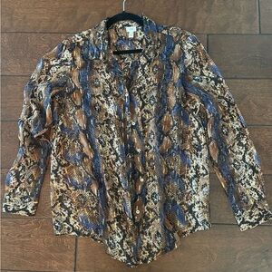 Rivet Island sheer snakeskin print button down shirt.